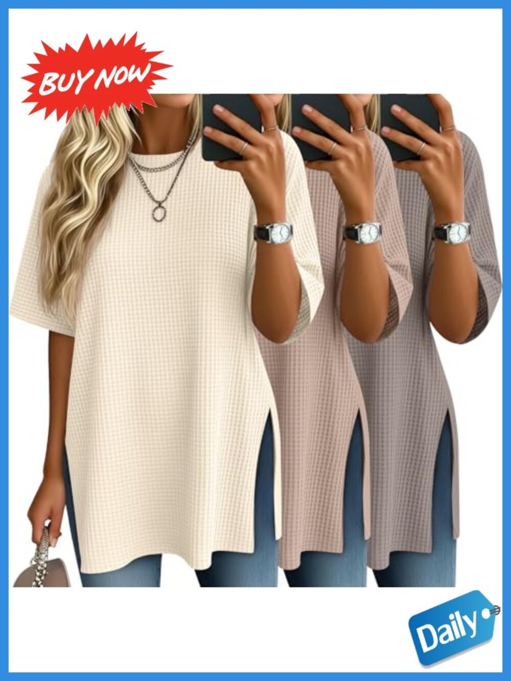 Waffle Knit Oversized Tops 3 Pack Short Sleeve Side Split Women's Tees